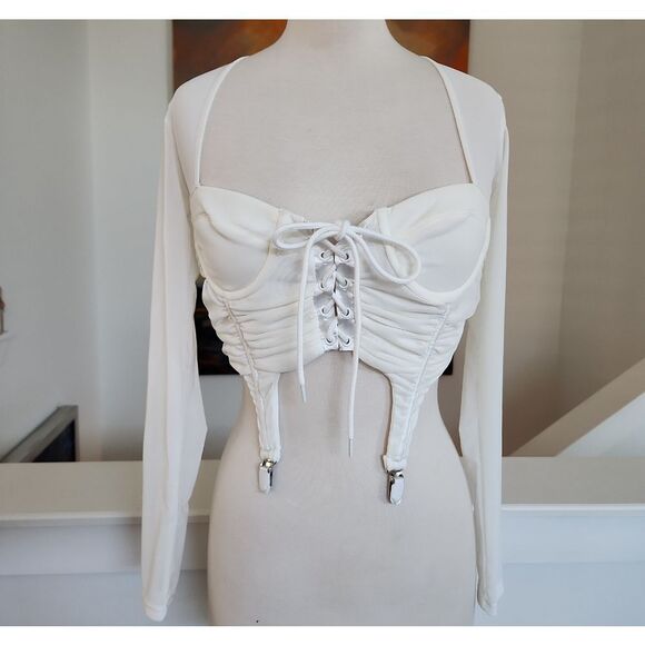 Dolls Kill Darker Wavs White Long Sleeve Crop Top SIZE M NWOT - Picture 1 of 8